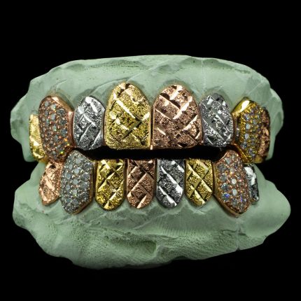 Tri-Color Diamond Cut & Diamond Dust with Iced Fangs Grillz